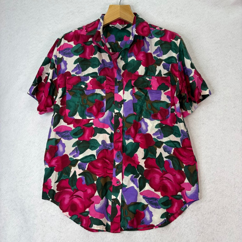 Womens Pink/Purple Floral Silk Button Up Shirt Sz M Vintage 90s Retro Maximalist